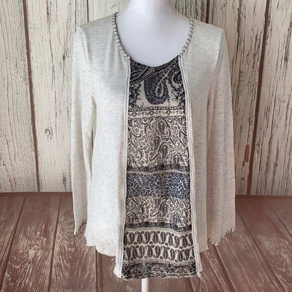 Hem Thread Top Womens Medium‎ Beige Boho Printed Boxy Paisley